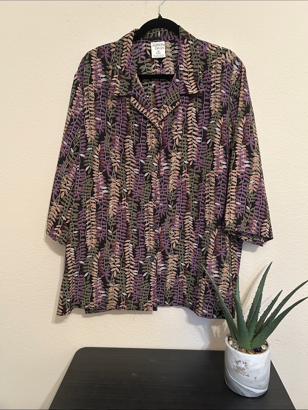 Allison Daley Leaf-Print Button-Up Shirt in Purple, Olive & Cream